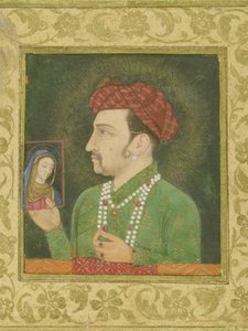 Jahangir holding a picture of the Madonna, inscribed in Persian: Jahangir Shah, Mughal