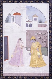 Krishna Stands Holding a Lotus Blossom, His Lover in a Pink Sari