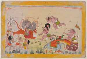 Mahasura attacks the Devi, folio from a dispersed Devi Mahatmya series