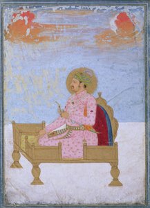 Portrait of the Emperor Jahangir (1569-1627) seated on a throne holding a sarapesh, Mughal, c.1720-40