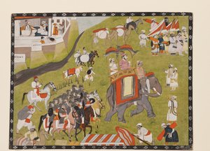 Procession of a Raja on Elephant with Armed Escort and Retainers by Indian School