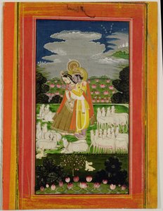 Radha and Krishna embrace in an idealised landscape with cows by Indian School