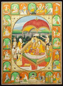 Rama and Sita Enthroned, worshipped by Shiva, Hanuman and others, 1800-20 by Indian School