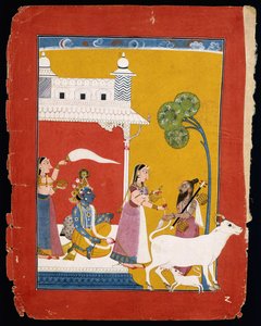 Rukmini offering water to the sage Narada while her consort Krishna sits in her house by Indian School