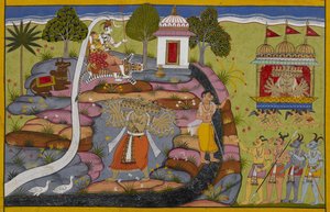 Ravana rides the Pushpaka chariot, then lifts and shakes Mount Kailasa to challenge Shiva by Indian School