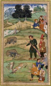 Salim, holding his rifle, gestures at a dead nilgai by Indian School