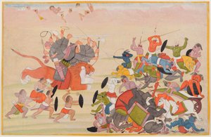 The Devi defeats Mahishasura, folio from a dispersed Devi Mahatmya series, c.1770-80