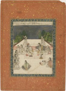 Two women seated on a terrace, surrounded by attendants and musicians, c.1650 by Indian School