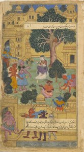 Sita, who is guarded by raksaskas at Lanka, looks at the ring given to her by Hanuman (Vol.1 fol.10)