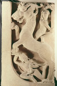 Warriors fighting a lion-griffin by Indian School
