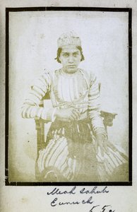 Portrait of Meah Sahub, Eunuch, c.1856-57 (b/w photo) by Indian photographer