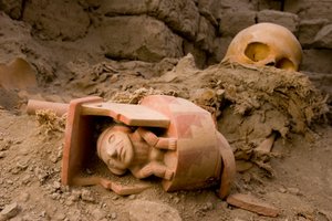 Bones of the female sacrifice a ceramic of a man sitting under a roof., 2005 by Ira Block
