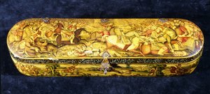 A Papier Mache Pen Box, the Top Painted with the Battle of Chaldiran by Iranian School