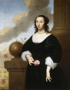 Portrait of a Lady, standing three-quarter length, wearing a Black Satin Dress with White Lace Trim