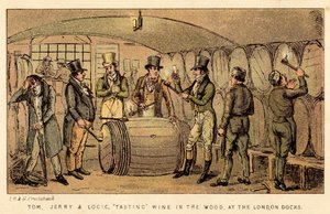 Tom, Jerry and Logic, tasting wine in the wood, at the London Docks by Isaac, Robert and George Cruikshank