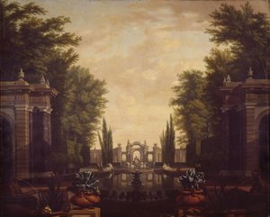 Water Feature with Statues and Buildings in a Park by Isaac de Moucheron