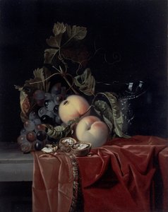 A Still Life of Grapes, Peaches, Walnuts and a Wine Glass by Isaak Denies