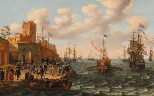 A Dutch Three-Master and a Papal Galley with other Shipping Along the Coast of a Fortified Town, c.1662 by Isaak Willaerts