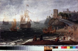 Fish market at seashore by Isaak Willaerts