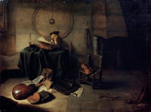 Melancholy II Scientist in His Studio, Dutch Painting of 17th Century by Isaak de Jouderville