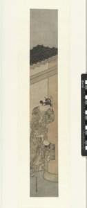 Woman looking at child crawling out of a hole in a pillar by Ishikawa Toyonobu