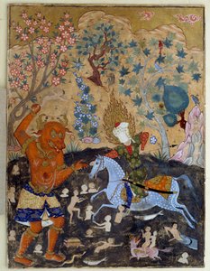 Page of a Falnama: Iman Reza Fights a Div by Islamic School