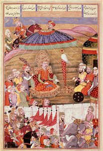 Sohrab looks again at the tent of Roustam. Persian miniature from a manuscript of the epic poem 