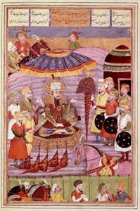 Sohrab looks at the tent of Rostam. Persian miniature from 