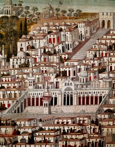 Islamic Art: View of Damascus with The Great Mosque of the Umayyads of Damascus (705-715). Anonymous Syrian painting of the 17th century