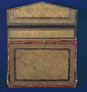 Outer face of a Koran case with gilded eslimi design of sura 56 in thulth by Islamic School