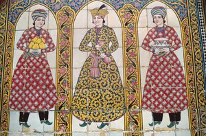Tile panel illustrating traditional costumes by Islamic School