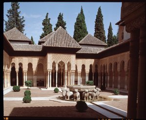 View of the Court of the Lions, main court of the Nasrid dynasty Palace of the Lions by Islamic School