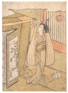 A Girl Hanging up a Mosquito Net Canopy over Her Bed by Isoda Koryusai