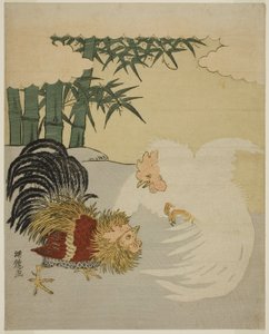 Cocks Fighting near Bamboo Grove by Isoda Koryusai