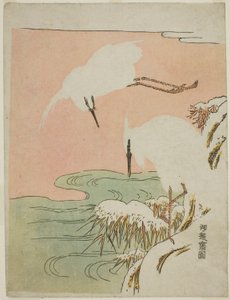 Two Egrets in the Snow by Isoda Koryusai