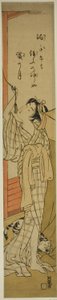 Young Woman Hanging a Mosquito Net as Cat Plays at Her Feet by Isoda Koryusai