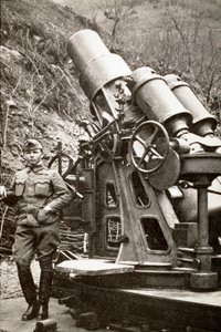 First World War: Italian Army Soldier Laying Near a Mortar, 1917, Italy by Italian Photographer