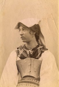 Young Woman Wearing Traditional Dress and Headpiece, Roman Countryside, Lazio, Italy, ca 1905 by Italian Photographer