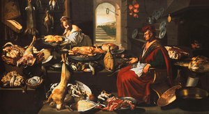 A Cook in a Well-Stocked Kitchen with a Serving Woman by Italian School