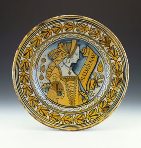 A Deruta Blue and Gold Lustred Portrait Dish Depicting a Young Woman in Profile, c.1525