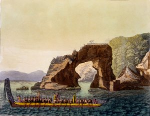 A Maori fortified look out point in New Zealand, combined with Maori War Canoe, 1820s-30s