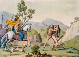 Ancient Celtic warriors on a foray encounter a couple out hunting by Italian School