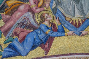 Angel, detail from Assumption of Mary into Glory, mosaic, gable of central entrance in facade of Orvieto Cathedral, Umbria, Italy