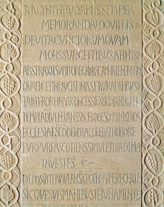 Archaeology of the Middle Ages. Barbarian Art of Lombardy: tombstone of Queen Ragnetrude dates from 740-750. Lombard art. Pavia, Civic Museum, Archaeological Section by Italian School