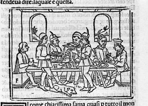 Banquet scene in the presence of members of the Florentine nobility. Illustration for the Decameron by Giovanni Boccaccio, Italian writer by Italian School