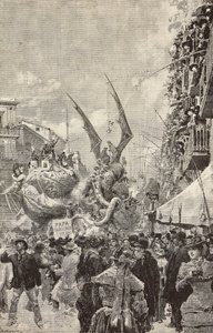 Carts parading during last day of Carnival, Naples, Italy, engraving from drawing by Matania, from L