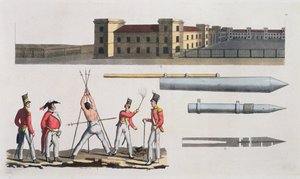 Chatham Barracks, a Military Punishment called the Triangle and Congreve Rockets, plate 17 from The History of the Nations by Italian School