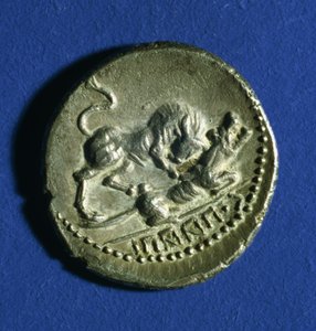 Coin of the Italic Tribes showing a bull attacking the Roman she-wolf, 89-90 BC