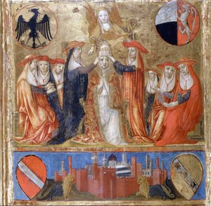 Coronation of Pius II (Enea Silvio Piccolomini). Italian Pope (1458 - 1464). Downstairs is the fortified city of Siena. Bicherna (cover of the accounting register of the city of Siena) from 1460. National Archive - Museo delle Tavolette de B by Italian School