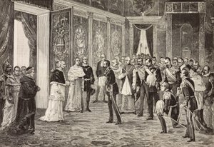 Crown prince of Germany (future Frederick III) being received by Pope Leo XIII in Throne room, Vatican, engraving from drawing by Ximenes from sketch by Dal Don by Italian School